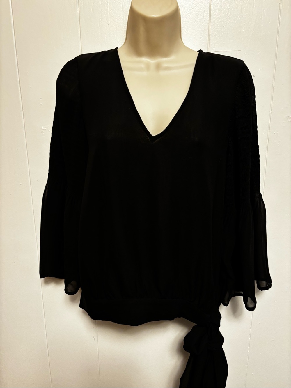 French Connection Black V-Neck Tie-Hem Blouse